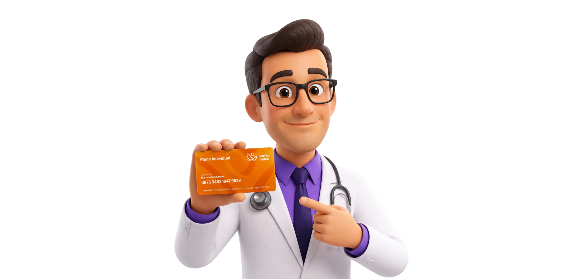 Personagem do Cartão Tadeu apresentando o cartão individual.